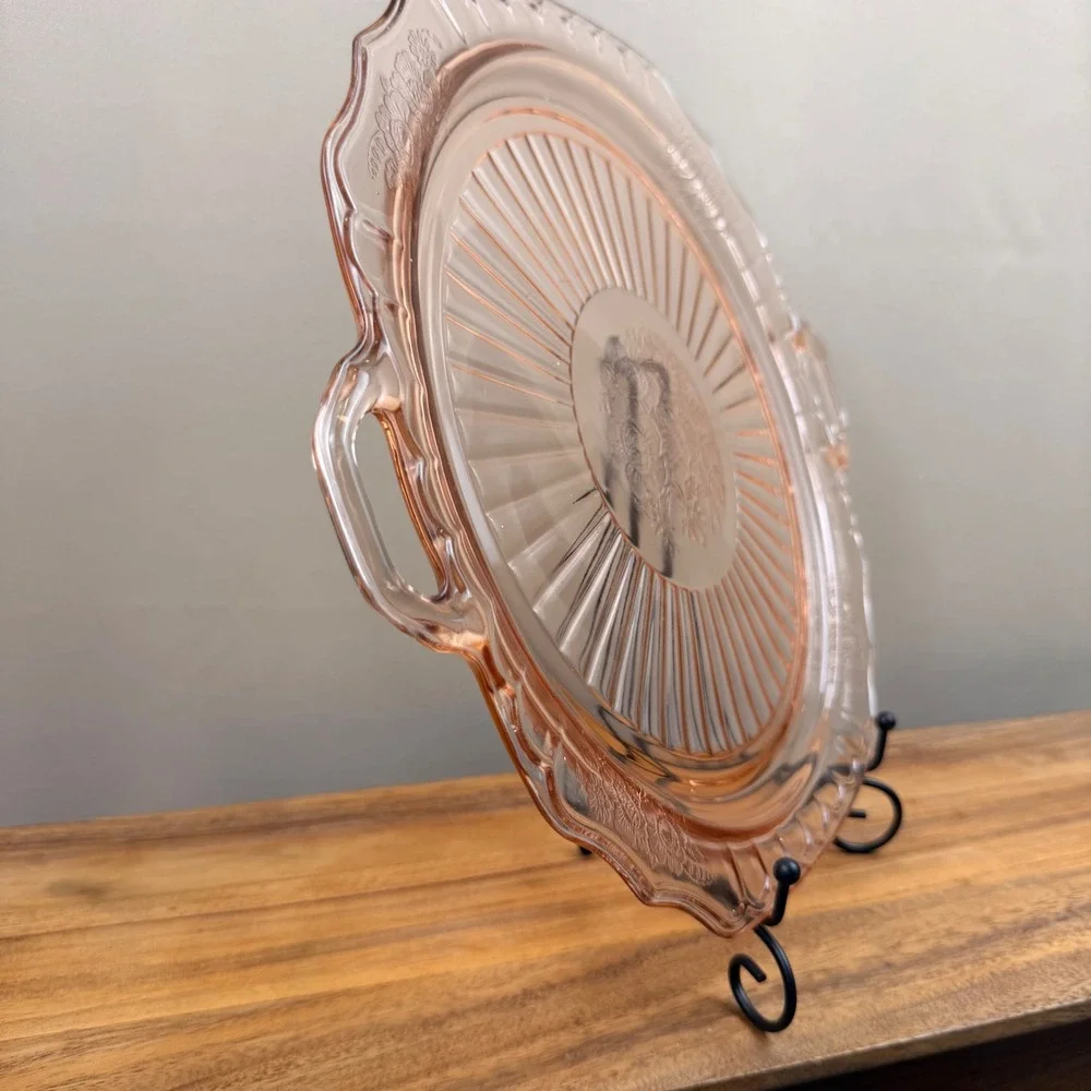 Anchor Hocking Mayfair Open Rose Pink Depression Glass Handled Platter 14 inch